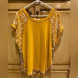 Umgee Mustard Top with Floral and Geo Print Back
